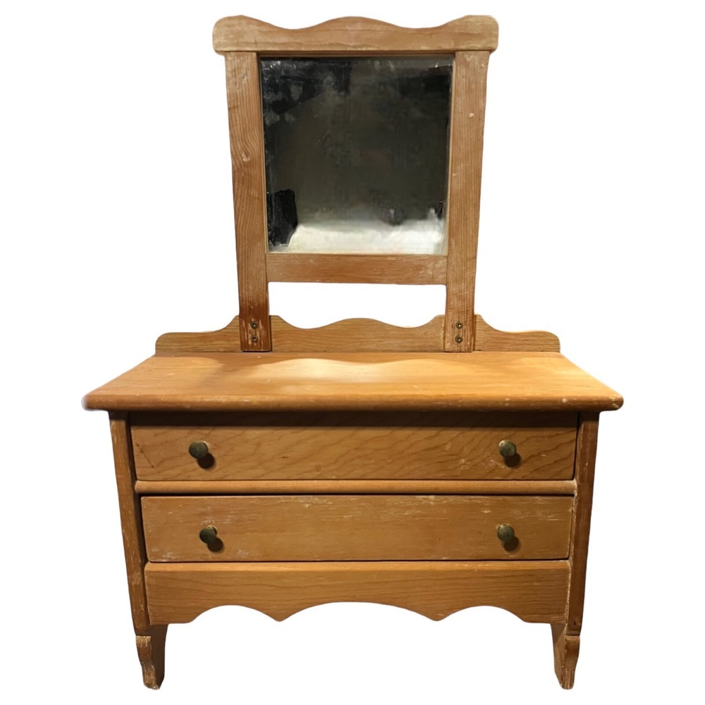 Vintage Solid Wood Miniature Dresser with Mirror 2 Drawer 25x18x8 Small Vanity